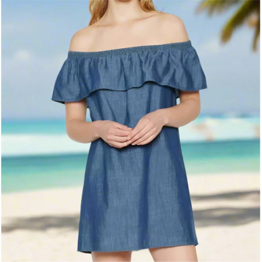 Joie Off the Shoulder Mini Dress XS Blue Chambray Cotton Lyocell Nilima Summer